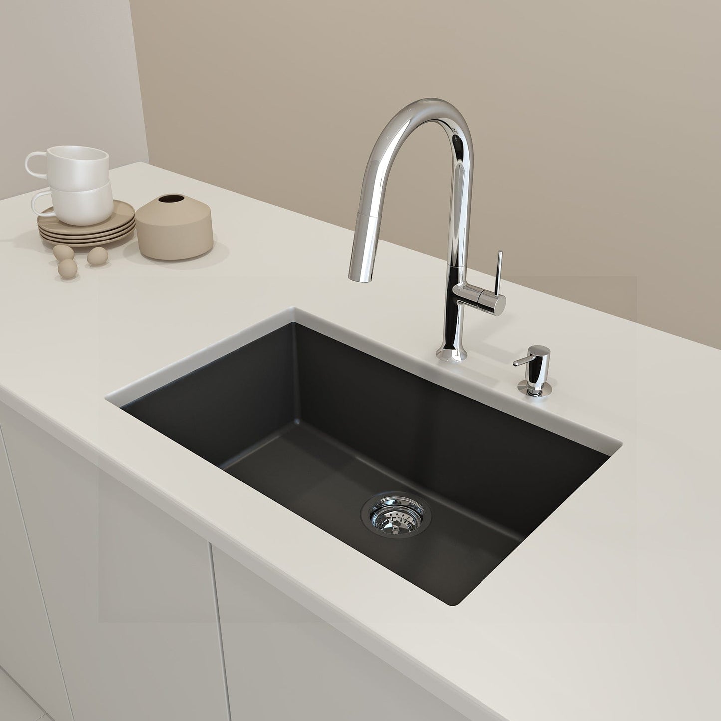 BOCCHI CAMPINO UNO 27" Dual-Mount Single Bowl Granite Composite Kitchen Sink with faucet in a modern kitchen.