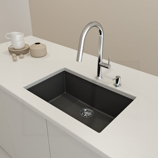 BOCCHI CAMPINO UNO 27" Dual-Mount Single Bowl Granite Composite Kitchen Sink with faucet in a modern kitchen.