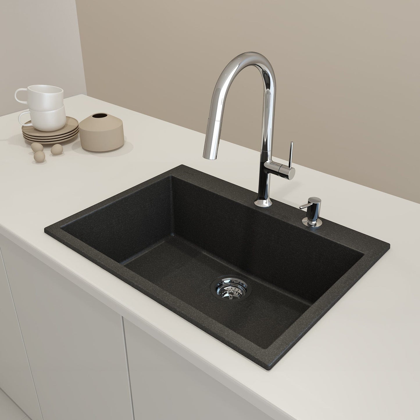 BOCCHI CAMPINO UNO 27" Dual-Mount Single Bowl Granite Composite Kitchen Sink in modern kitchen setting.
