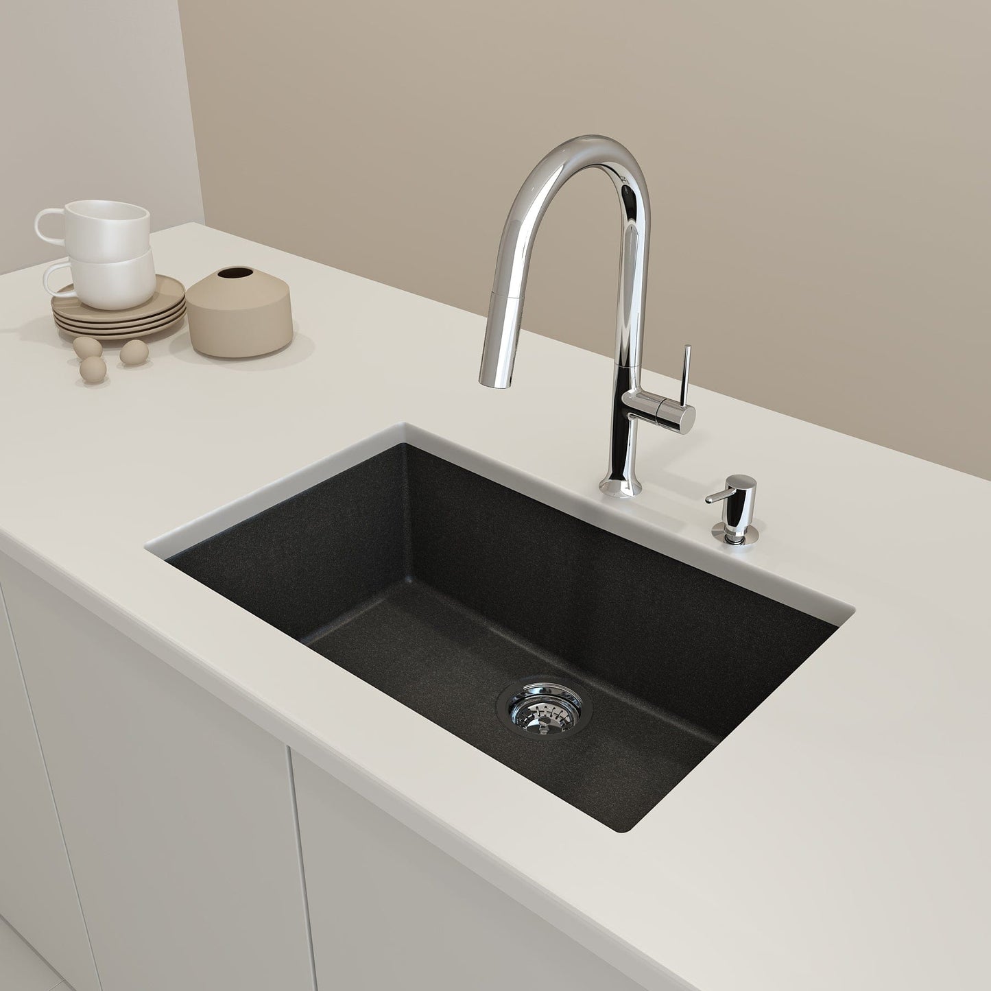 BOCCHI CAMPINO UNO 27" Dual-Mount Single Bowl Granite Composite Kitchen Sink in modern kitchen setup.