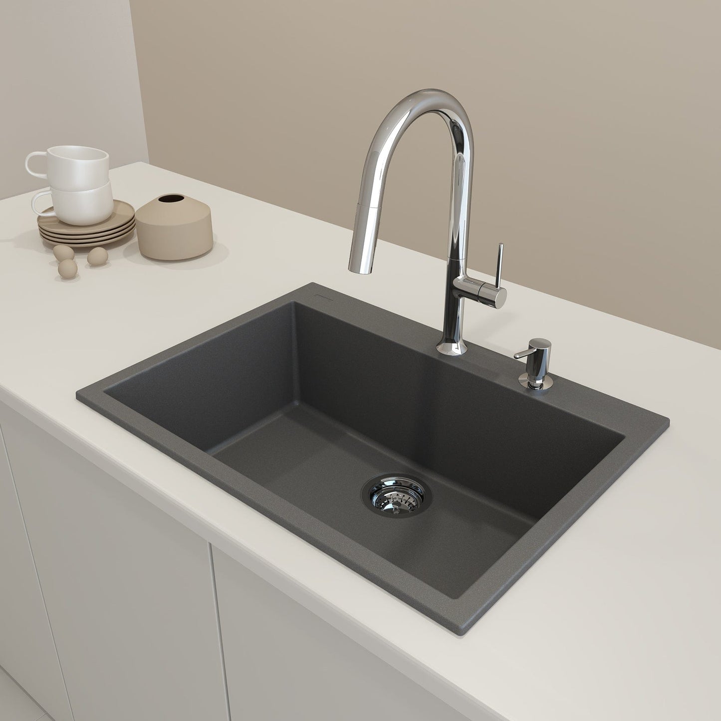 BOCCHI CAMPINO UNO 27" Dual-Mount Single Bowl Granite Composite Kitchen Sink in modern kitchen setting.