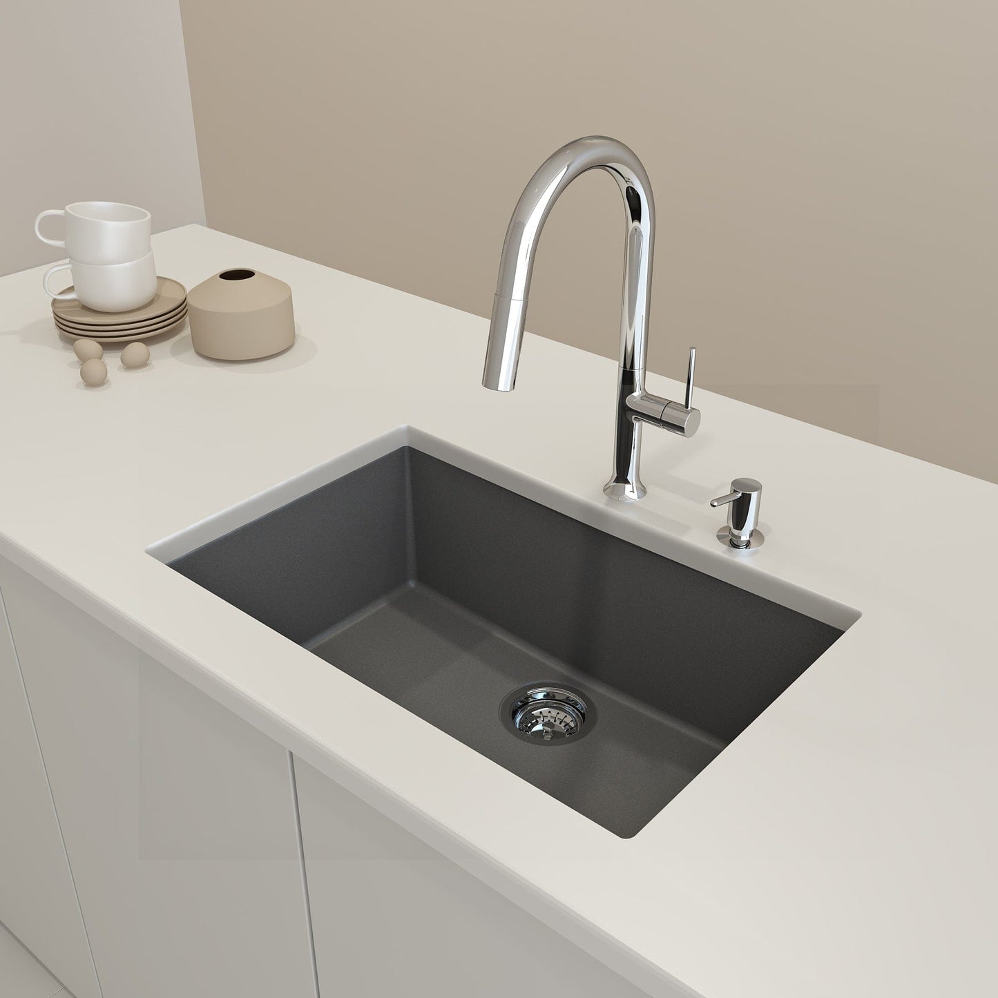 BOCCHI CAMPINO UNO 27" Dual-Mount Single Bowl Granite Composite Kitchen Sink in a modern kitchen setting.