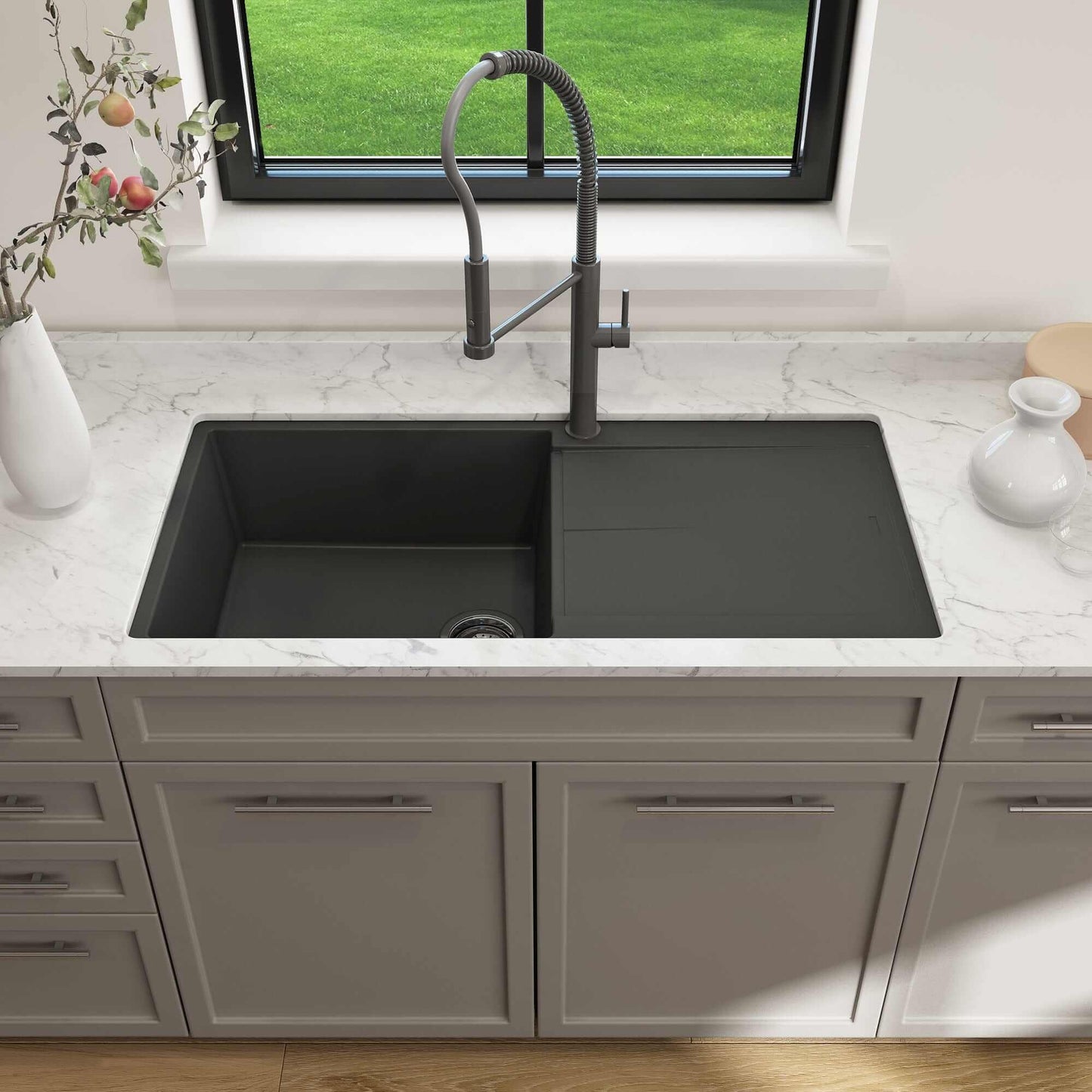 BOCCHI LEVANZO 20" Granite Kitchen Sink with Drain Board in modern kitchen setting.