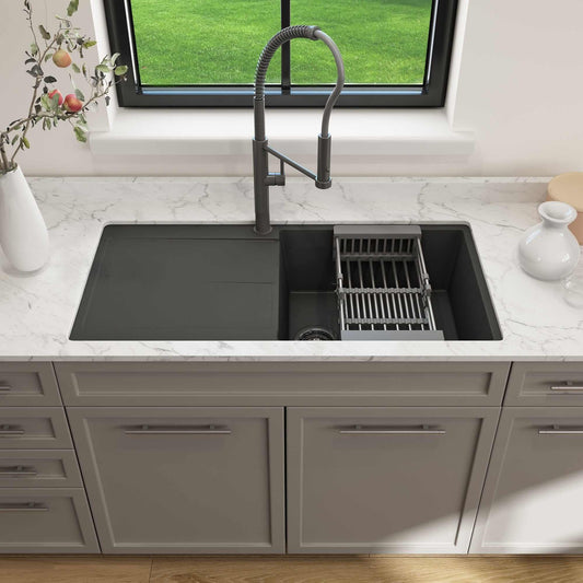 BOCCHI LEVANZO 20" Granite Kitchen Sink with Drain Board in modern kitchen with elegant countertop