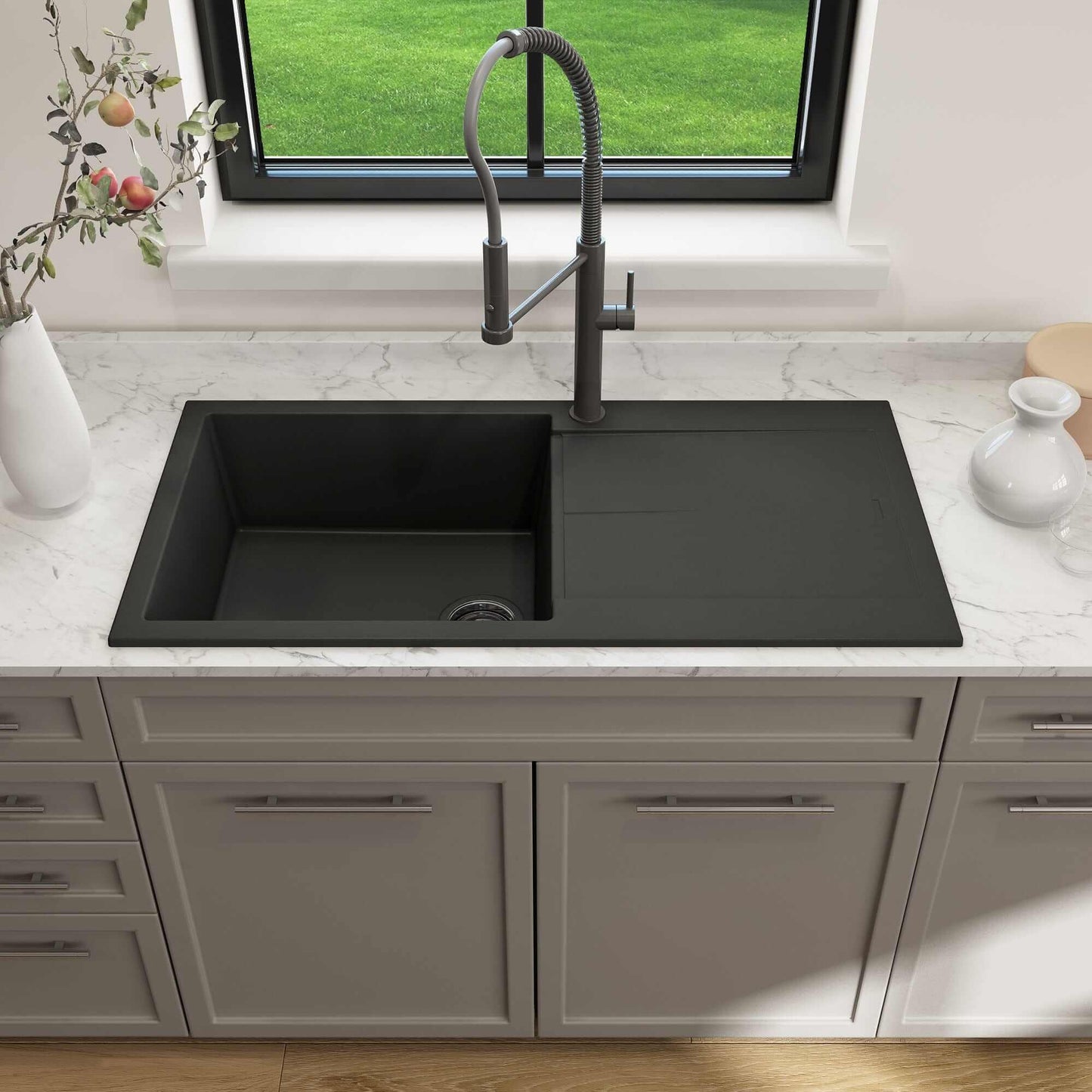 BOCCHI LEVANZO 20" Granite Kitchen Sink with Drain Board on a stylish countertop.