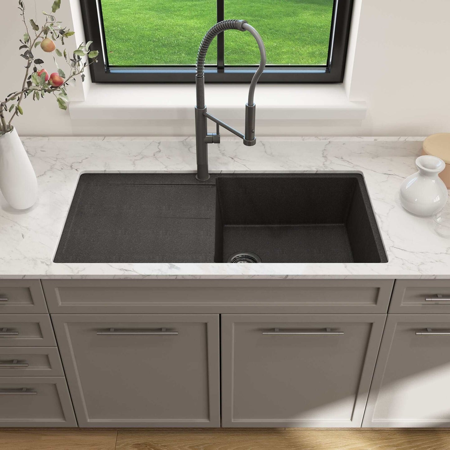 BOCCHI LEVANZO 20" Granite Kitchen Sink with Drain Board showcased in a modern kitchen setting with a sleek faucet.