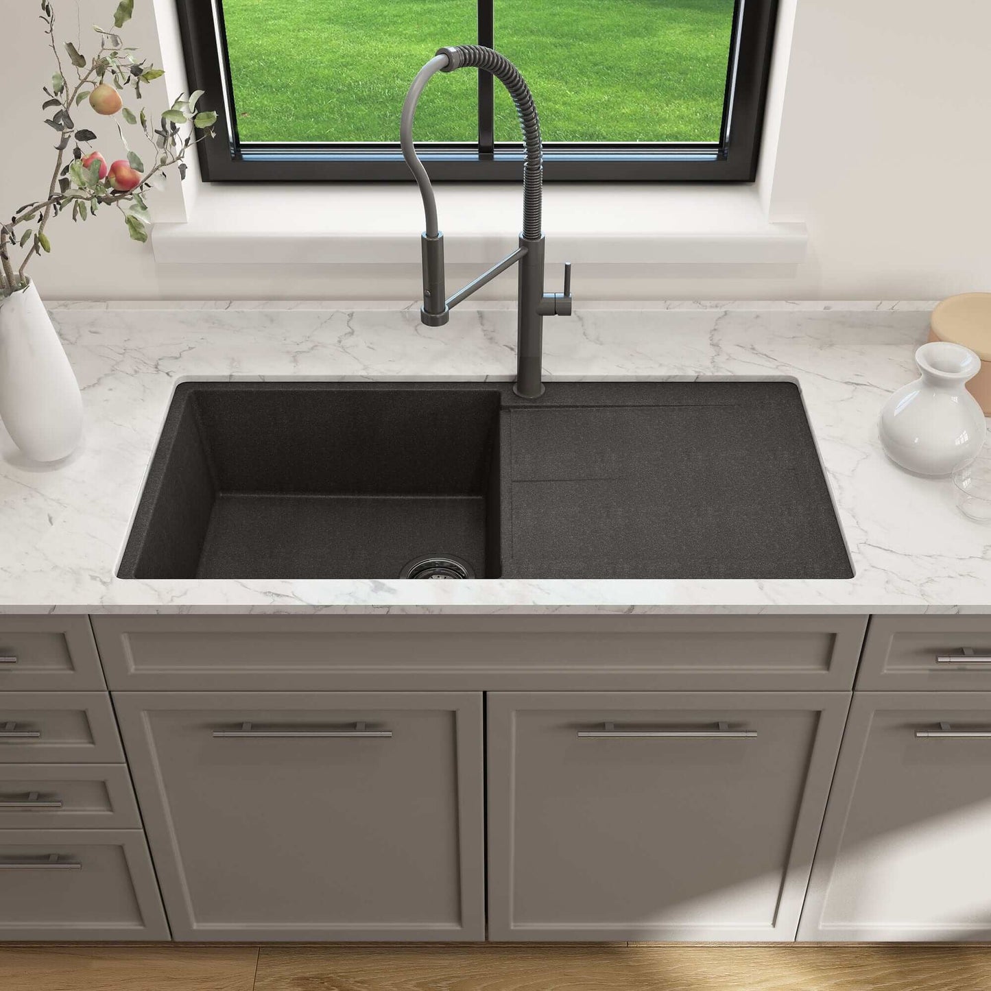 BOCCHI LEVANZO 20" Granite Kitchen Sink with Drain Board in modern kitchen setting with faucet and marble countertop.