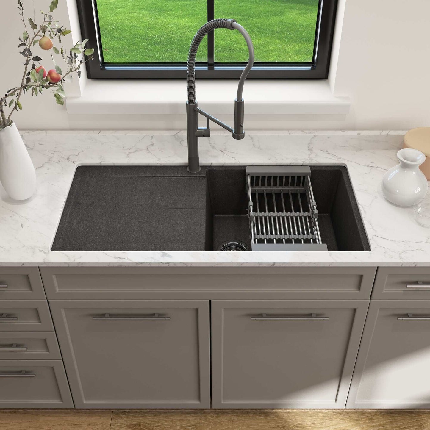 BOCCHI LEVANZO 20" Granite Kitchen Sink with Drain Board installed in a modern kitchen countertop.