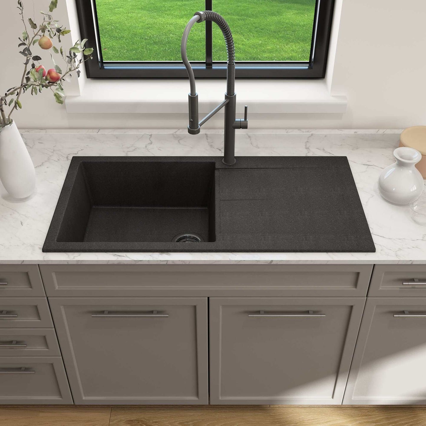 BOCCHI LEVANZO 20" Granite Kitchen Sink with Drain Board in a modern kitchen setting.