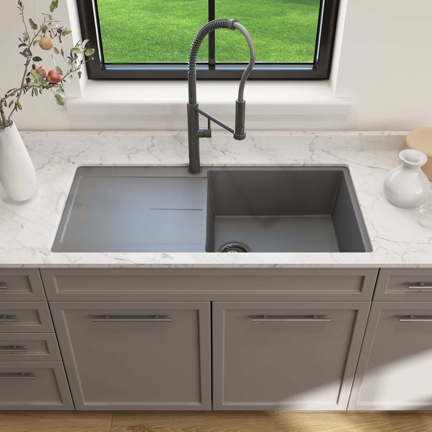 BOCCHI LEVANZO 20" Granite Kitchen Sink with Drain Board in a stylish grey kitchen setting