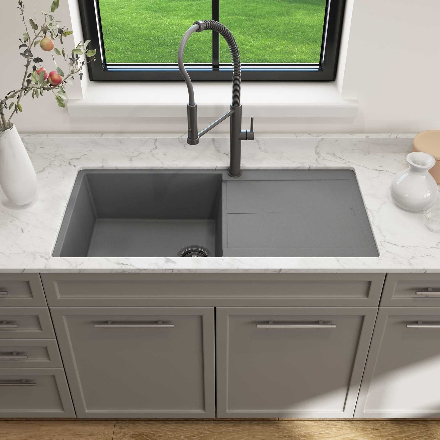BOCCHI LEVANZO 20" Granite Kitchen Sink with Drain Board installed in a modern kitchen countertop.