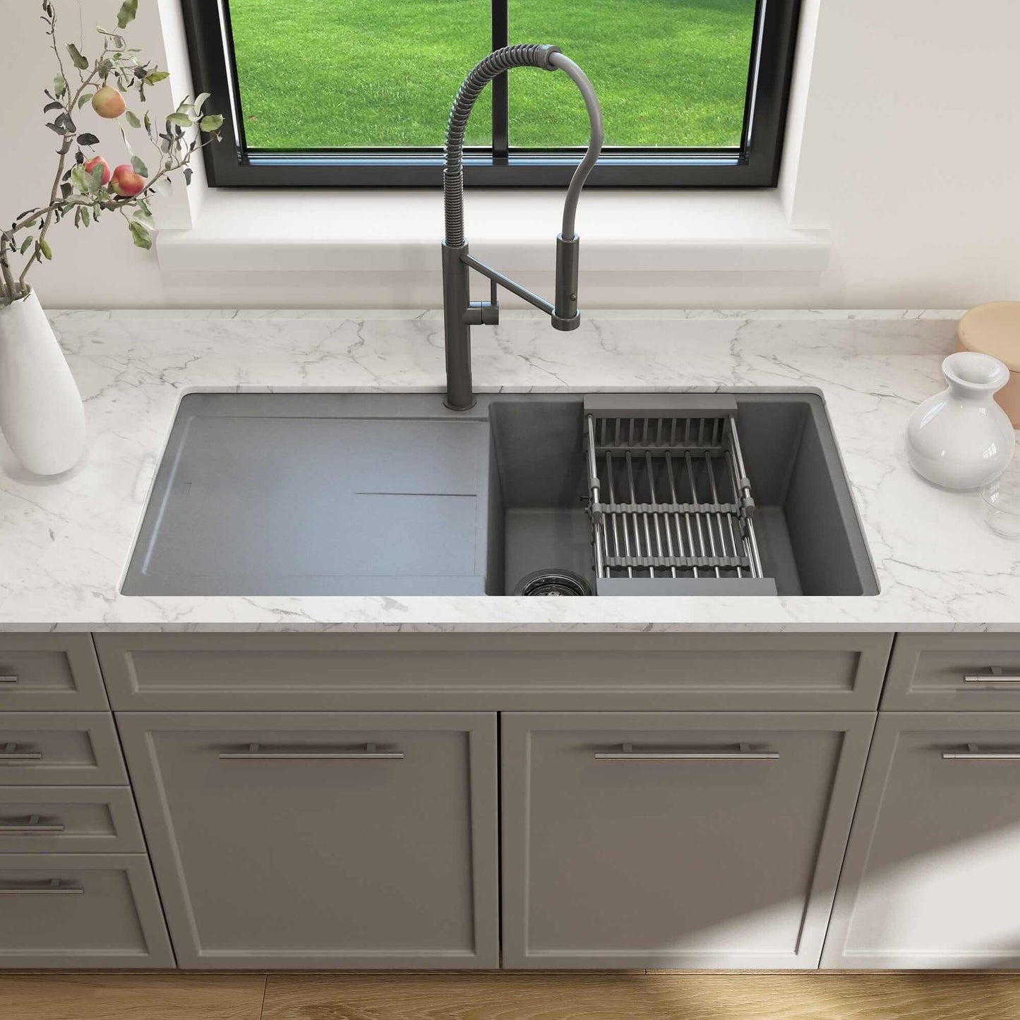 BOCCHI LEVANZO 20" Granite Kitchen Sink with Drain Board installed in modern kitchen with marble countertop.