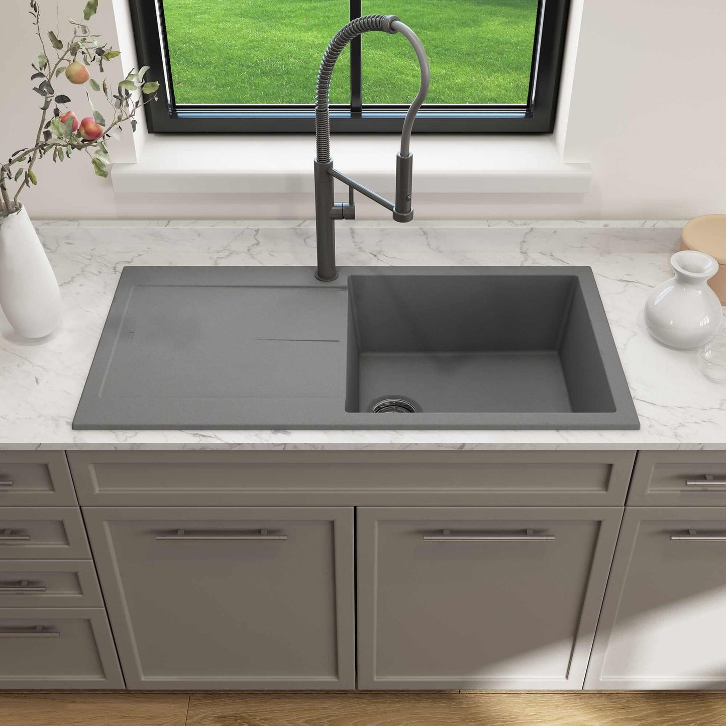 BOCCHI LEVANZO 20" Granite Kitchen Sink with Drain Board in a modern kitchen setting.