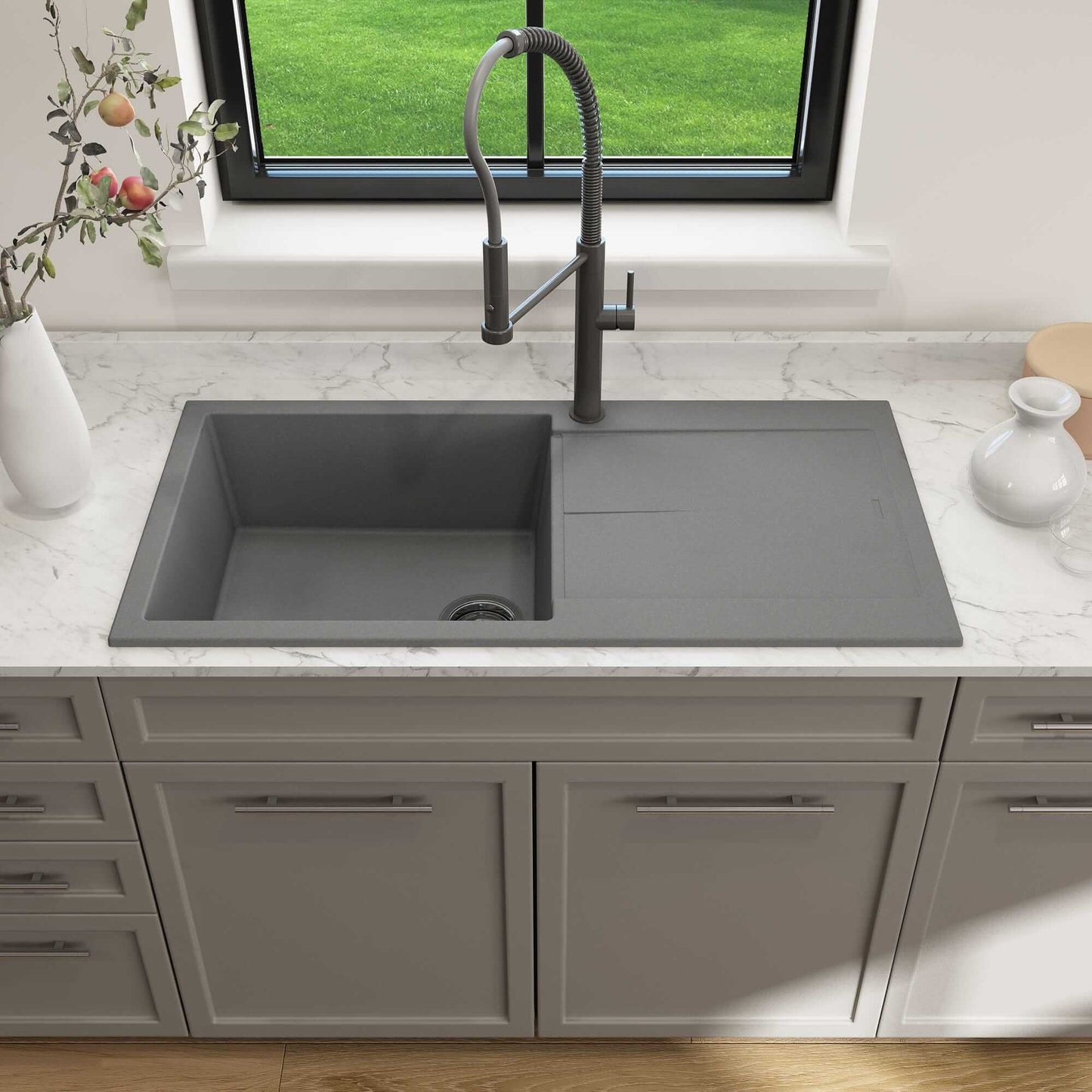 BOCCHI LEVANZO 20" Granite Kitchen Sink with Drain Board in a modern kitchen setting with grey cabinets.