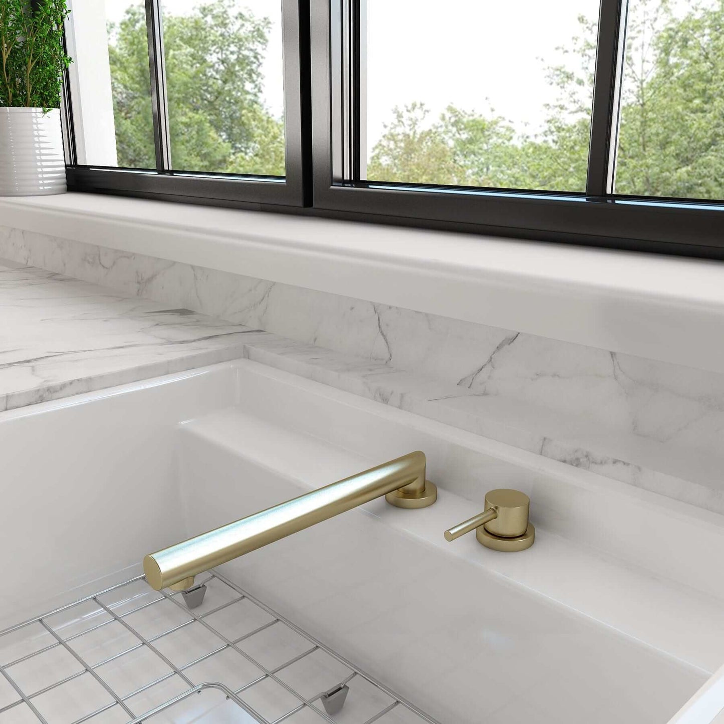BOCCHI BAVENO Move Kitchen Faucet with telescopic spout in a modern kitchen setting against a marble countertop.