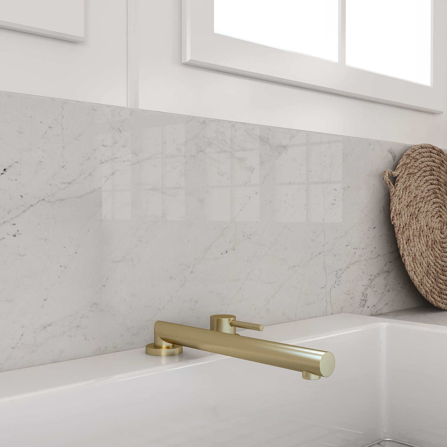 BOCCHI BAVENO Move Kitchen Faucet on a modern sink with elegant marble backsplash.