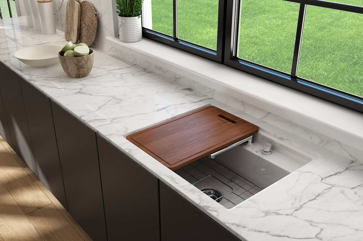 BOCCHI BAVENO Move Kitchen Faucet installed in a modern kitchen with a sleek countertop and wooden cutting board.