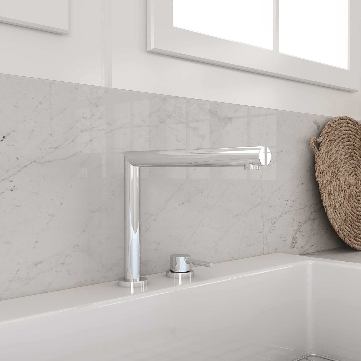 BOCCHI BAVENO Move Kitchen Faucet in a modern kitchen setting with white marble backsplash.