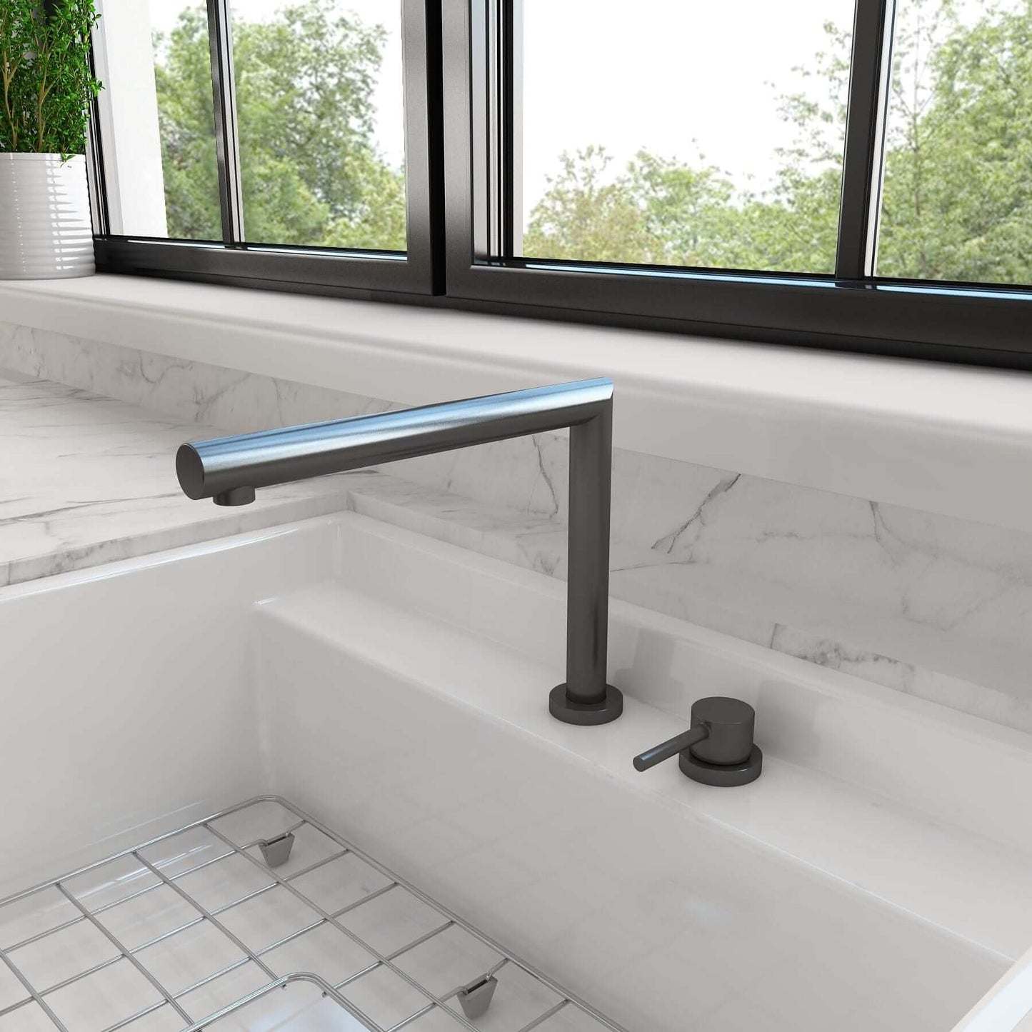 BOCCHI BAVENO Move Kitchen Faucet with telescopic spout and sleek design on marble countertop
