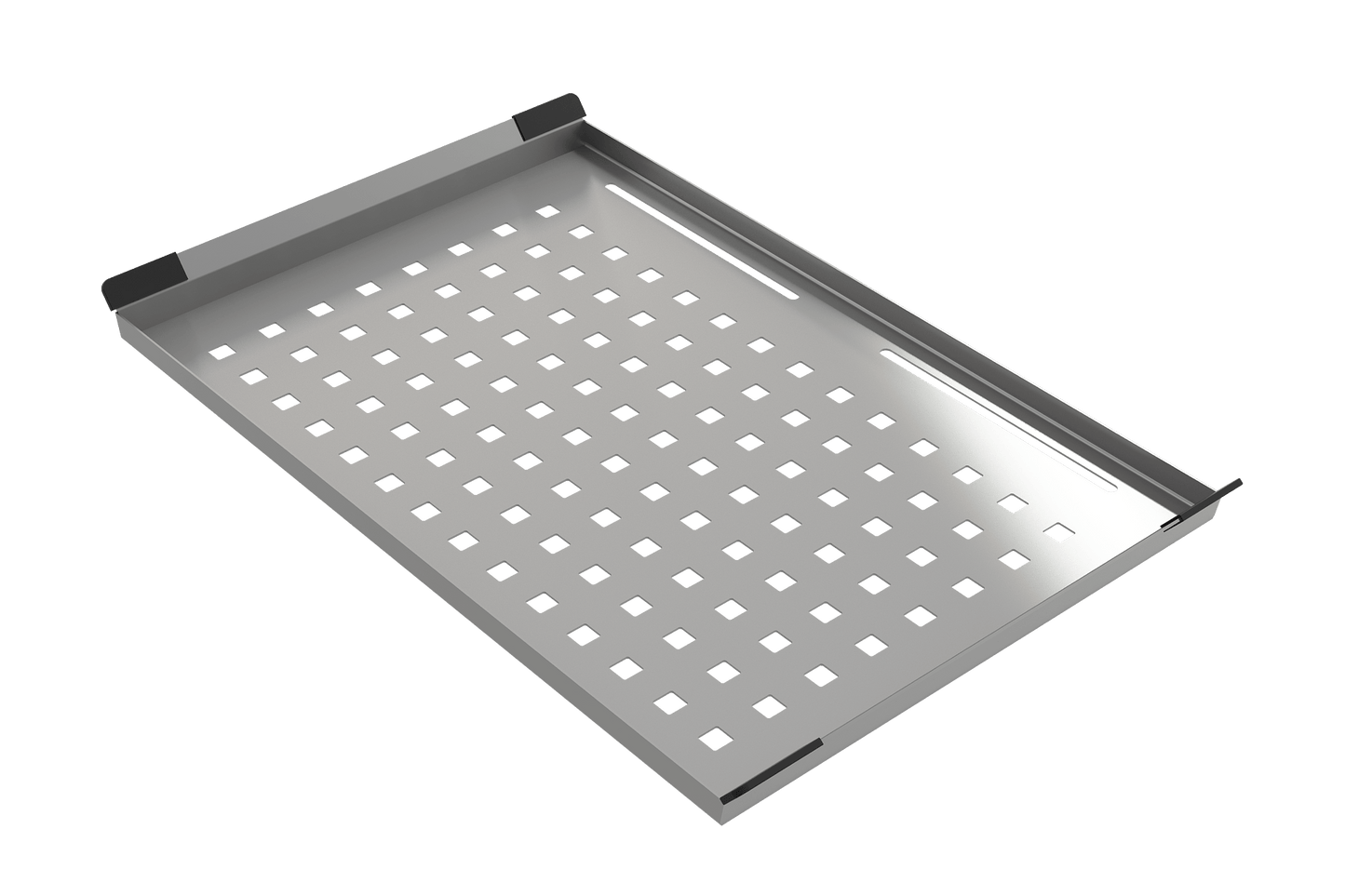 BOCCHI Stainless Steel Colander Tray with Black Silicone Handle Pads, featuring a sleek design and innovative perforation pattern.