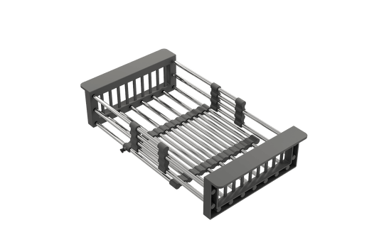 BOCCHI Expandable Colander, Stainless Steel with Gray Handles shown in a versatile expandable design.