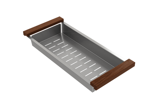 BOCCHI Deep Stainless Steel Colander with Wooden Sapele Handles - 2310 0008 on a transparent background showcasing its elegant design.