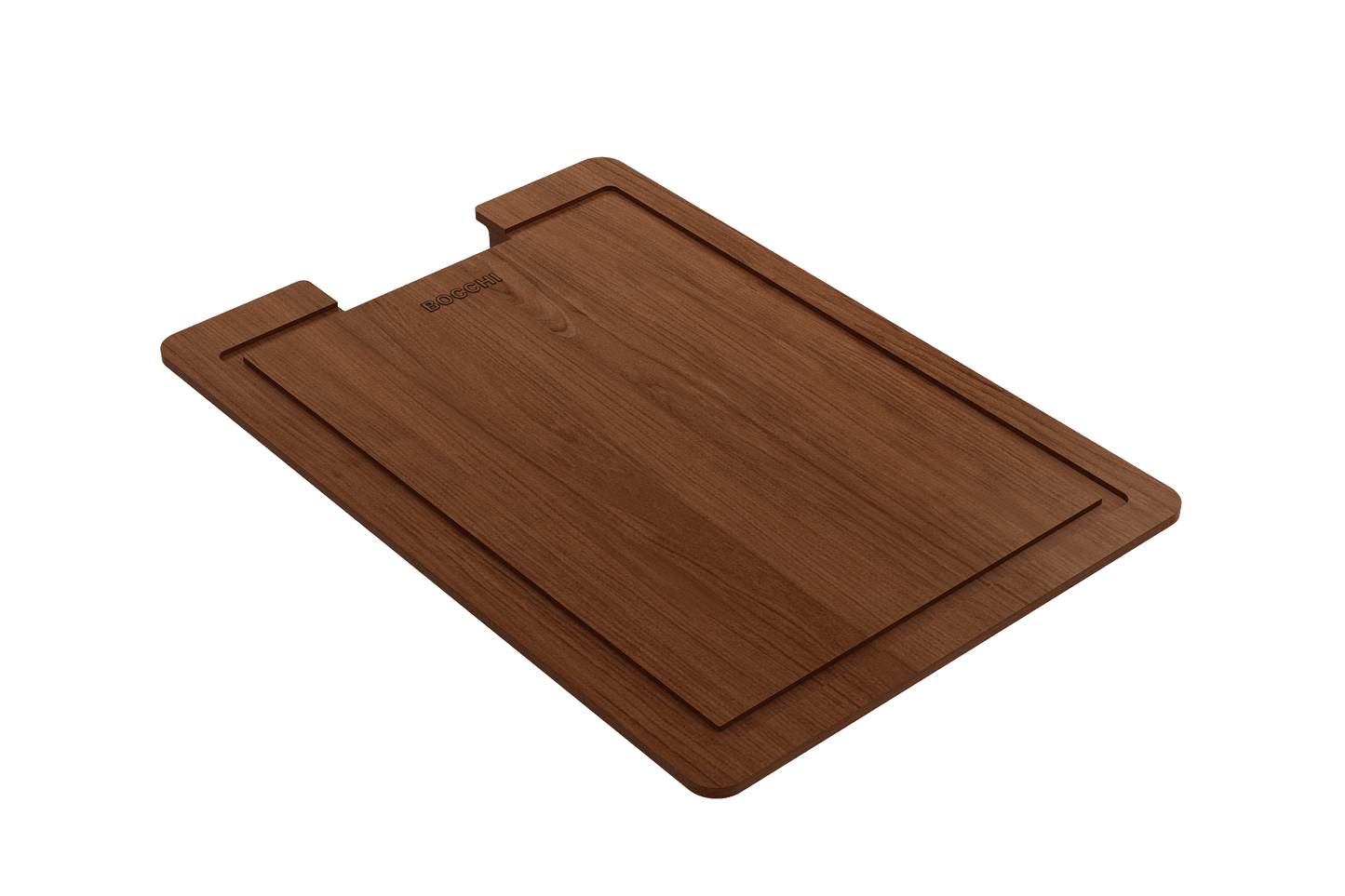 BOCCHI Wooden Cutting Board for Workstation Sinks with Handle on a white background.