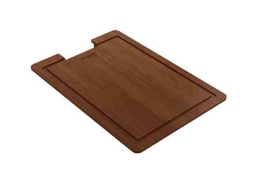 BOCCHI Wooden Cutting Board for Workstation Sinks with Handle on a white background.