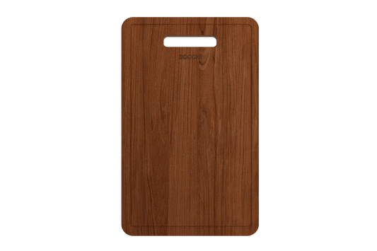 BOCCHI Wooden Cutting Board with Handle for Nuova 1500/1501 in rich Sapele wood, front view highlighting smooth finish.