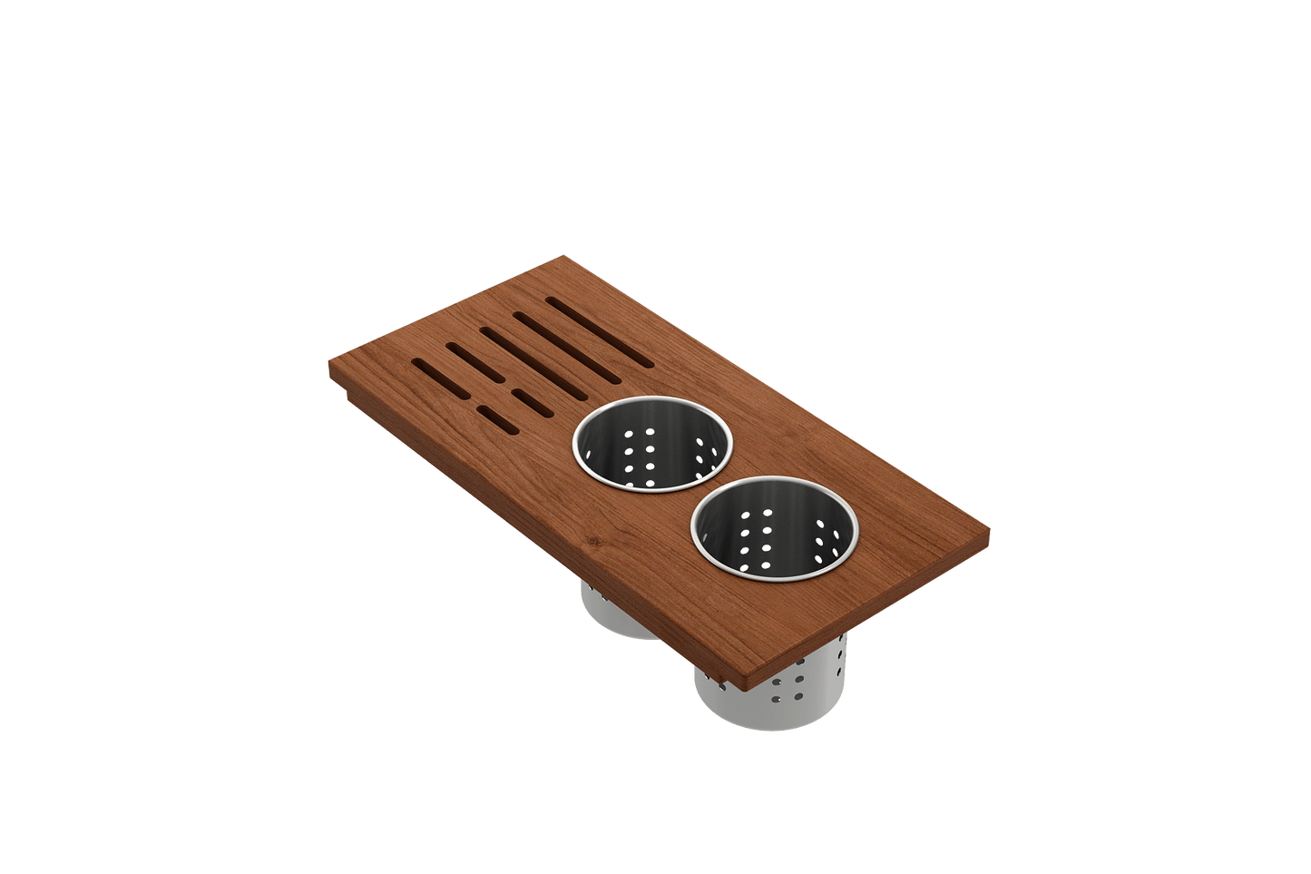 BOCCHI Workstation Prep Board Set - 2 Round Stainless Steel Colanders & Knife Holder 2320 0008 on a kitchen countertop