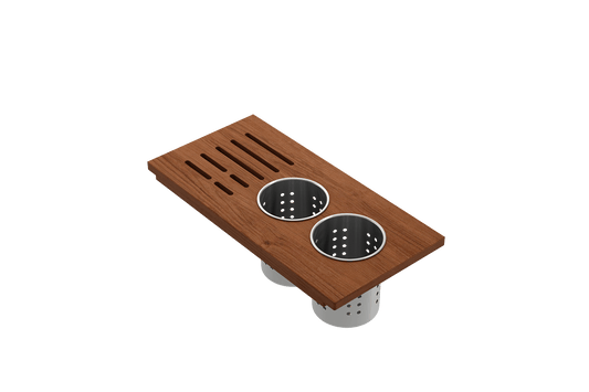 BOCCHI Workstation Prep Board Set - 2 Round Stainless Steel Colanders & Knife Holder 2320 0008 on a kitchen countertop
