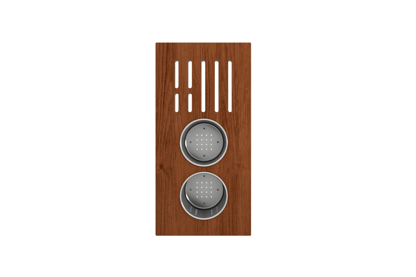BOCCHI Workstation Prep Board Set - 2 Round Stainless Steel Colanders & Knife Holder 2320 0008 on a wooden surface.