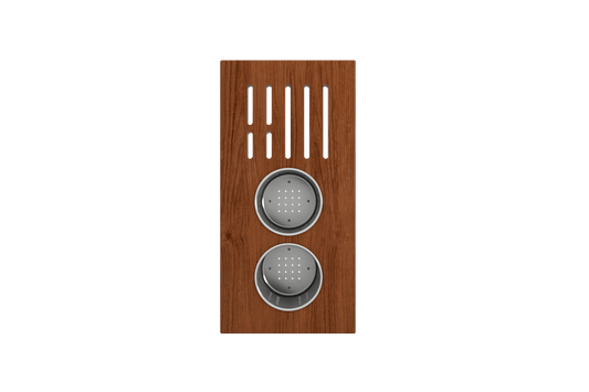 BOCCHI Workstation Prep Board Set - 2 Round Stainless Steel Colanders & Knife Holder 2320 0008 on a wooden surface.