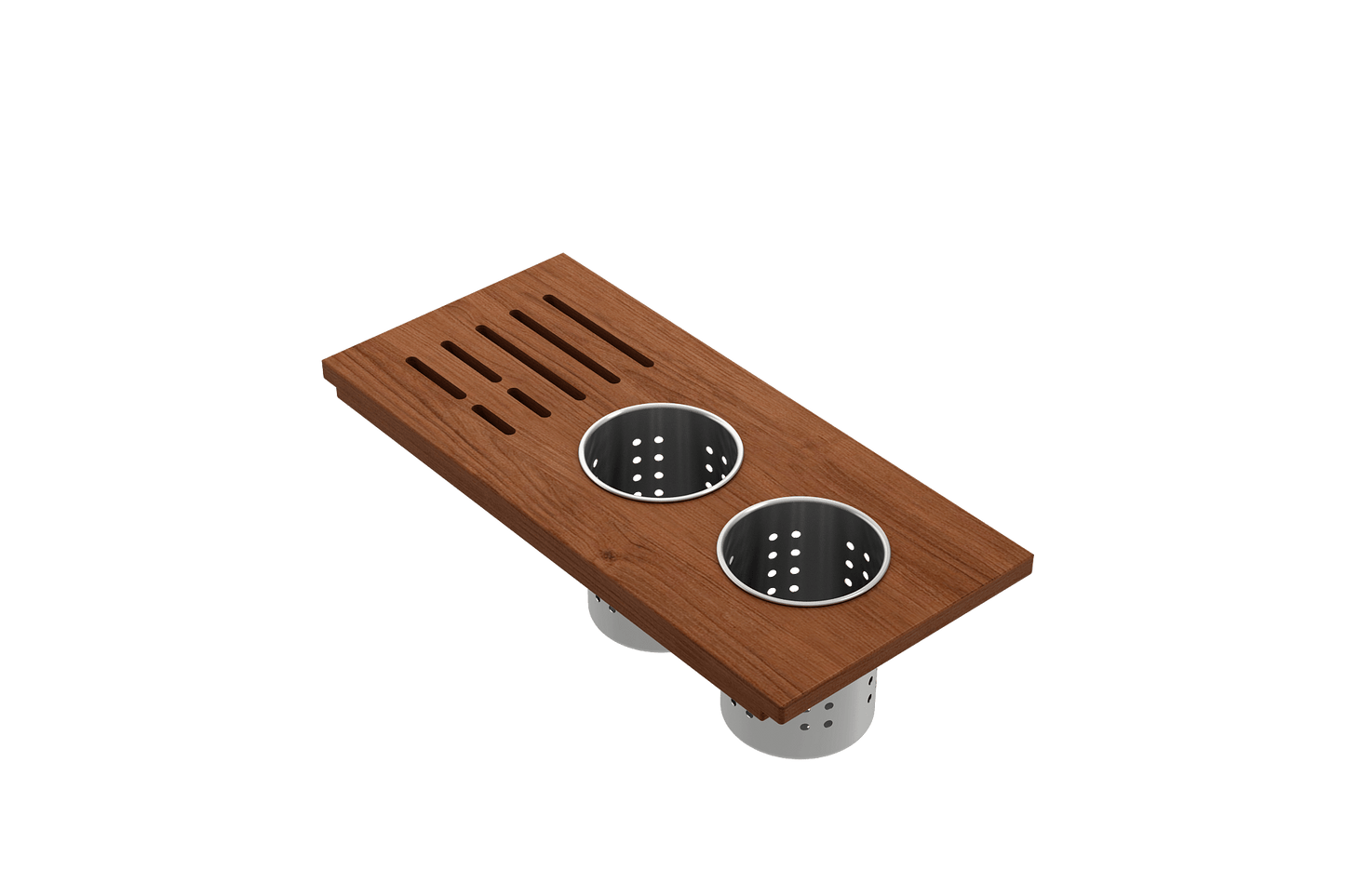 BOCCHI Workstation Prep Board Set - 2 Round Stainless Steel Colanders & Knife Holder 2320 0009 in elegant hardwood finish.