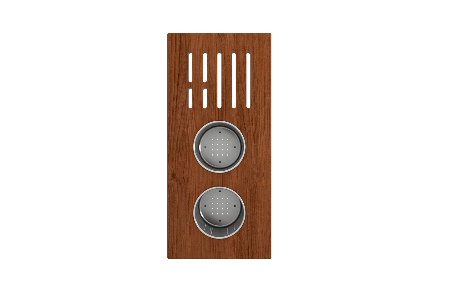 BOCCHI Workstation Prep Board Set - 2 Round Stainless Steel Colanders & Knife Holder 2320 0009 in hardwood finish with colanders.