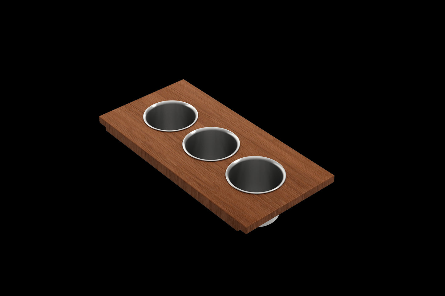 Wood Board with 3 Rectangular Stainless Steel Bowls F/1616, 1618, 1633 (inner ledge)