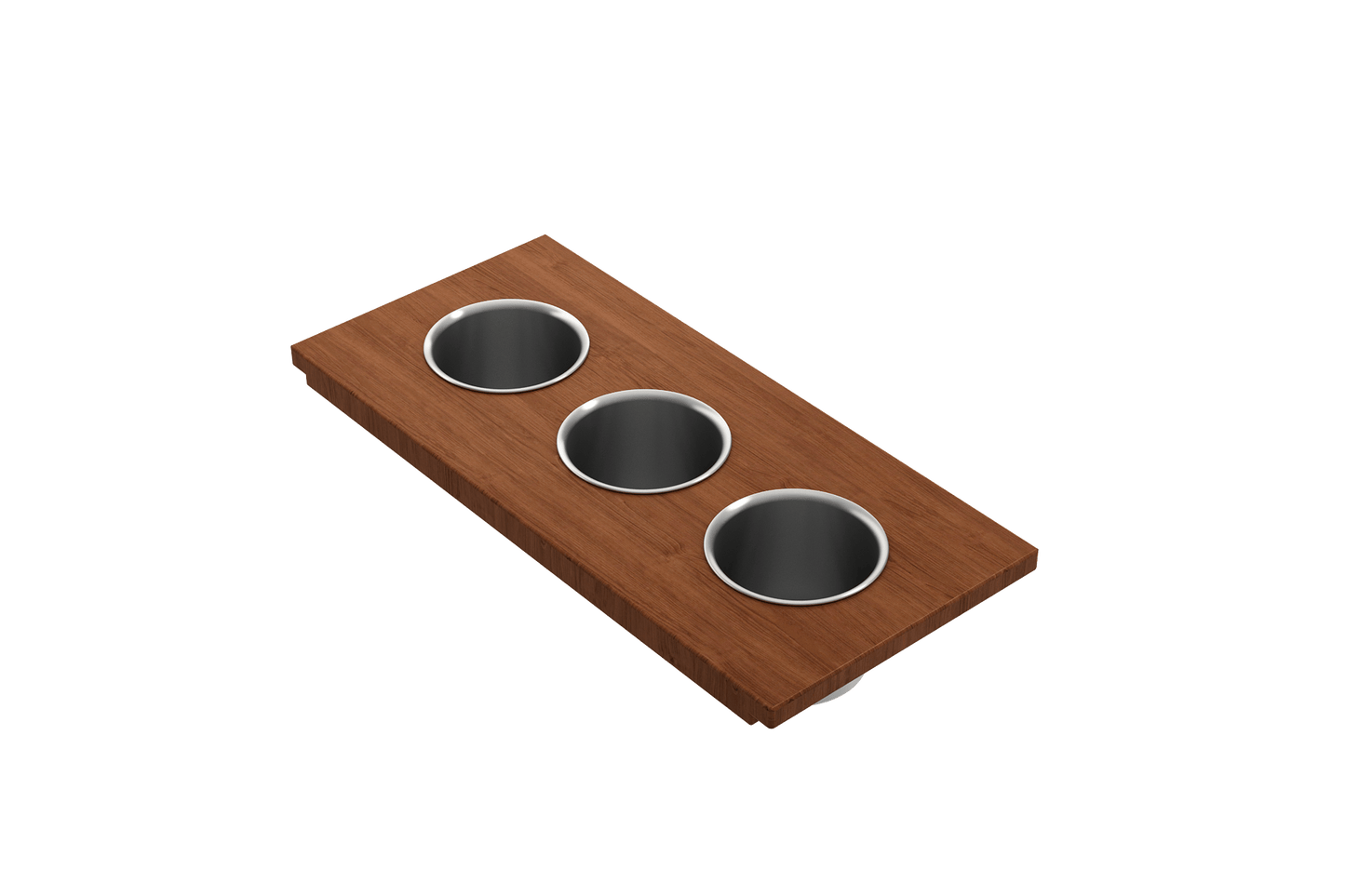 BOCCHI Prep Board Set for Workstation Sinks with 3 Round Stainless Steel Bowls 2320 0011 on a wooden surface.