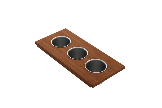 BOCCHI Prep Board Set for Workstation Sinks with 3 Round Stainless Steel Bowls 2320 0011 on a wooden surface.