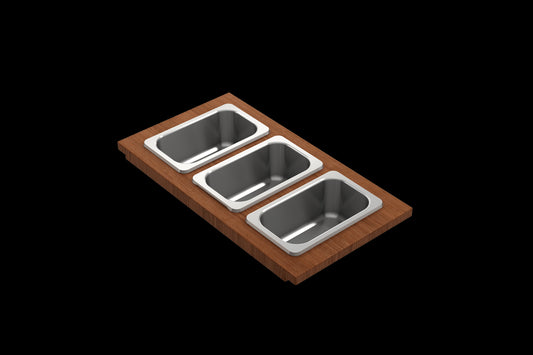 Wood Board with 3 Rectangular Stainless Steel Bowls F/1616, 1618, 1633 (inner ledge)