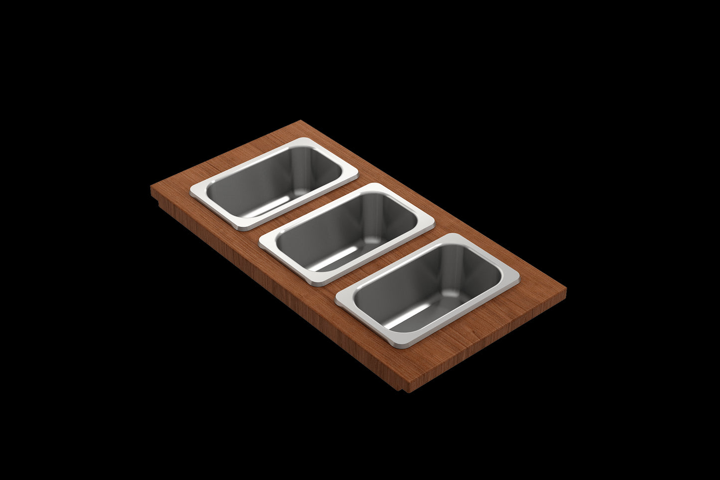 Wood Board with 3 Rectangular Stainless Steel Bowls F/1344, 1348, 1360, 1362, 1504, 1505, 1506 (short side only), 1627, 1628