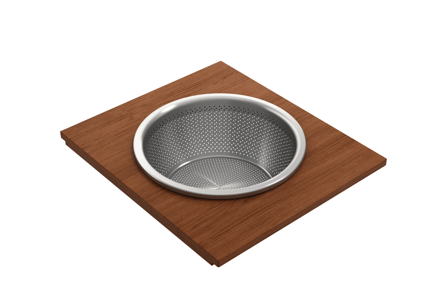 BOCCHI Prep Board Set for Workstation Sinks - Round SS Mixing Bowl & Colander - 2320 0015 on Sapele Mahogany board.