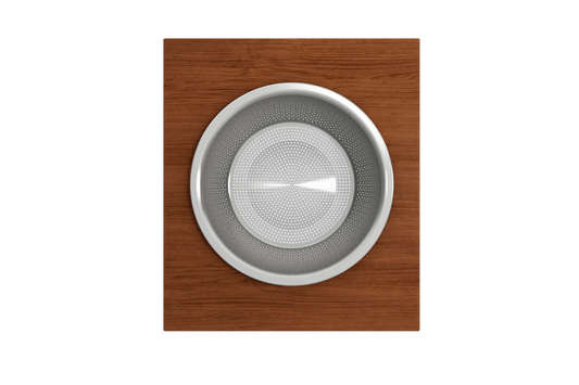 BOCCHI Prep Board Set for Workstation Sinks - Round SS Mixing Bowl & Colander - 2320 0015 on Sapele Mahogany board.