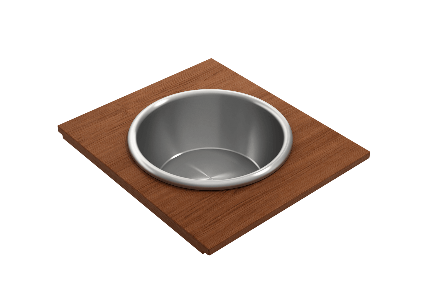 BOCCHI Prep Board Set for Workstation Sinks - Round SS Mixing Bowl & Colander - 2320 0015 on a Sapele Mahogany board.