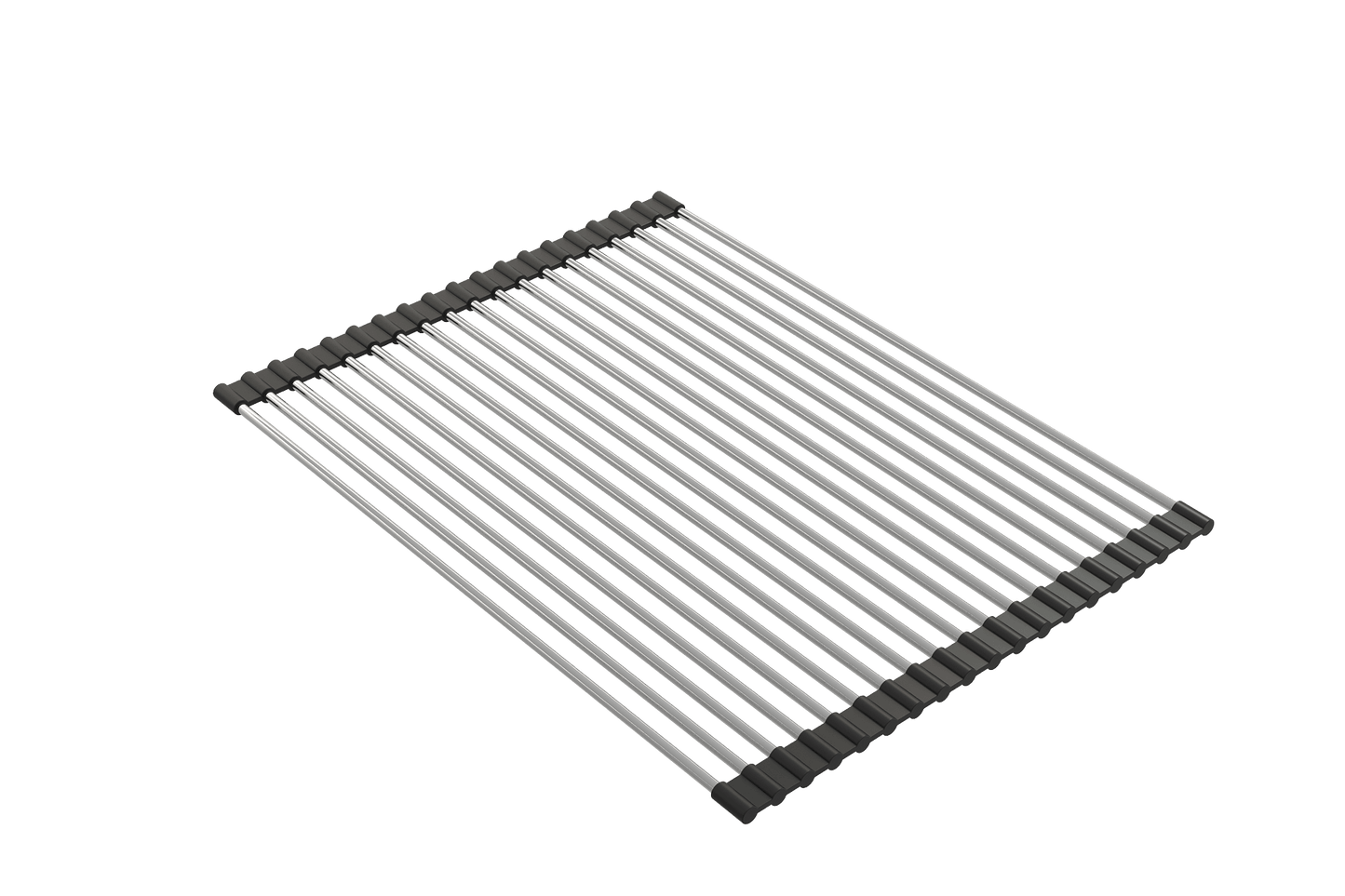 Premium BOCCHI Roller Mat, Stainless Steel with Black Edging for Granite Farmhouse Sinks 2350 0003, right side view.