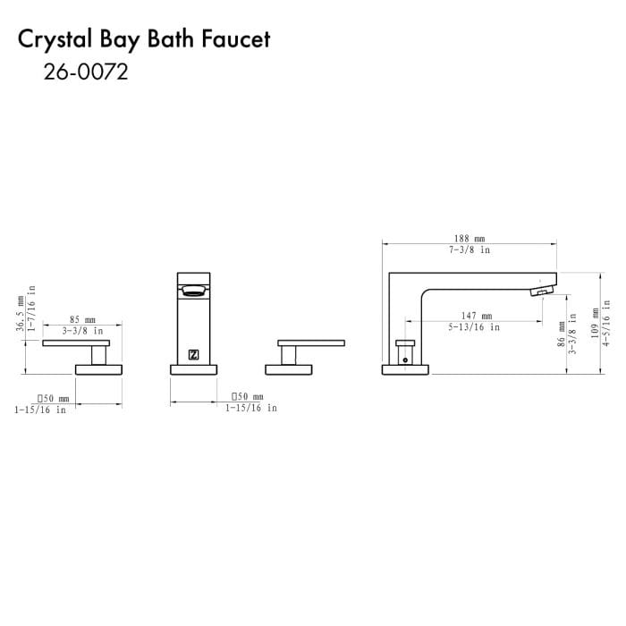 ZLINE Crystal Bay Bath Faucet dimensions diagram showcasing minimalist design and ultra-low profile architecture.