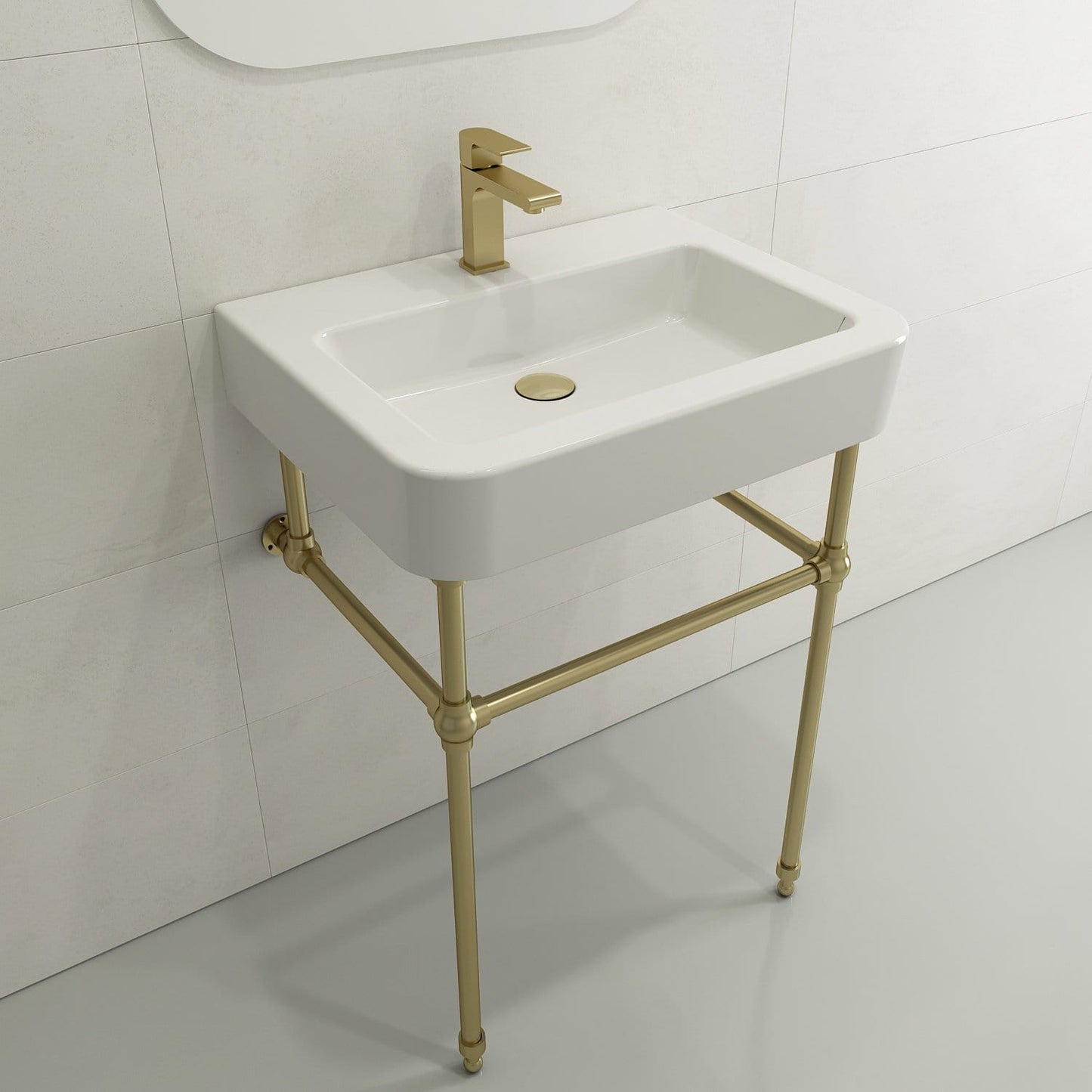 BOCCHI Metal Console Leg Set with elegant white sink and golden metal legs, enhancing modern bathroom decor.