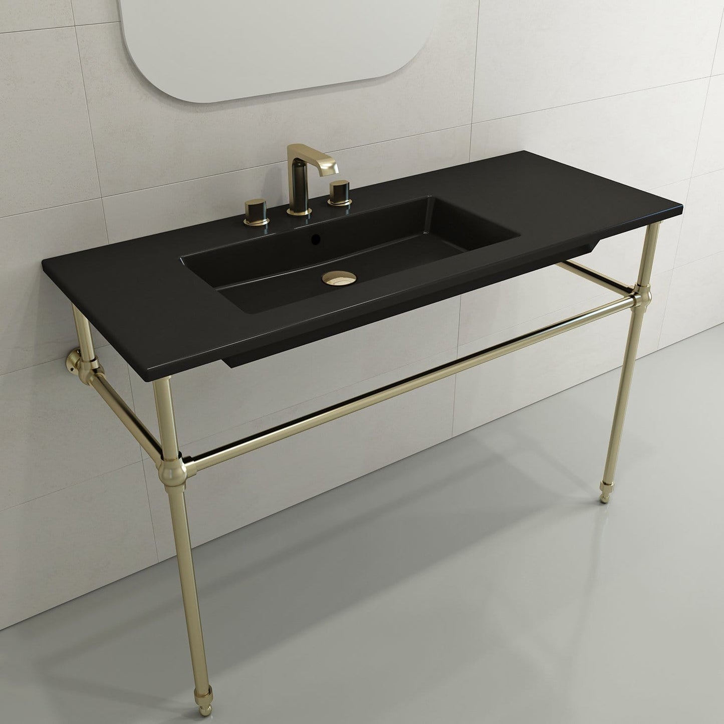 BOCCHI Metal Console Leg Set supporting a black sink and faucet in a modern bathroom setting.