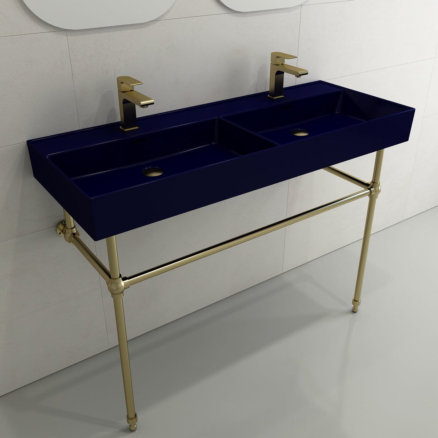 BOCCHI Metal Console Leg Set with dual sinks and gold faucet, elevating bathroom design with premium materials.