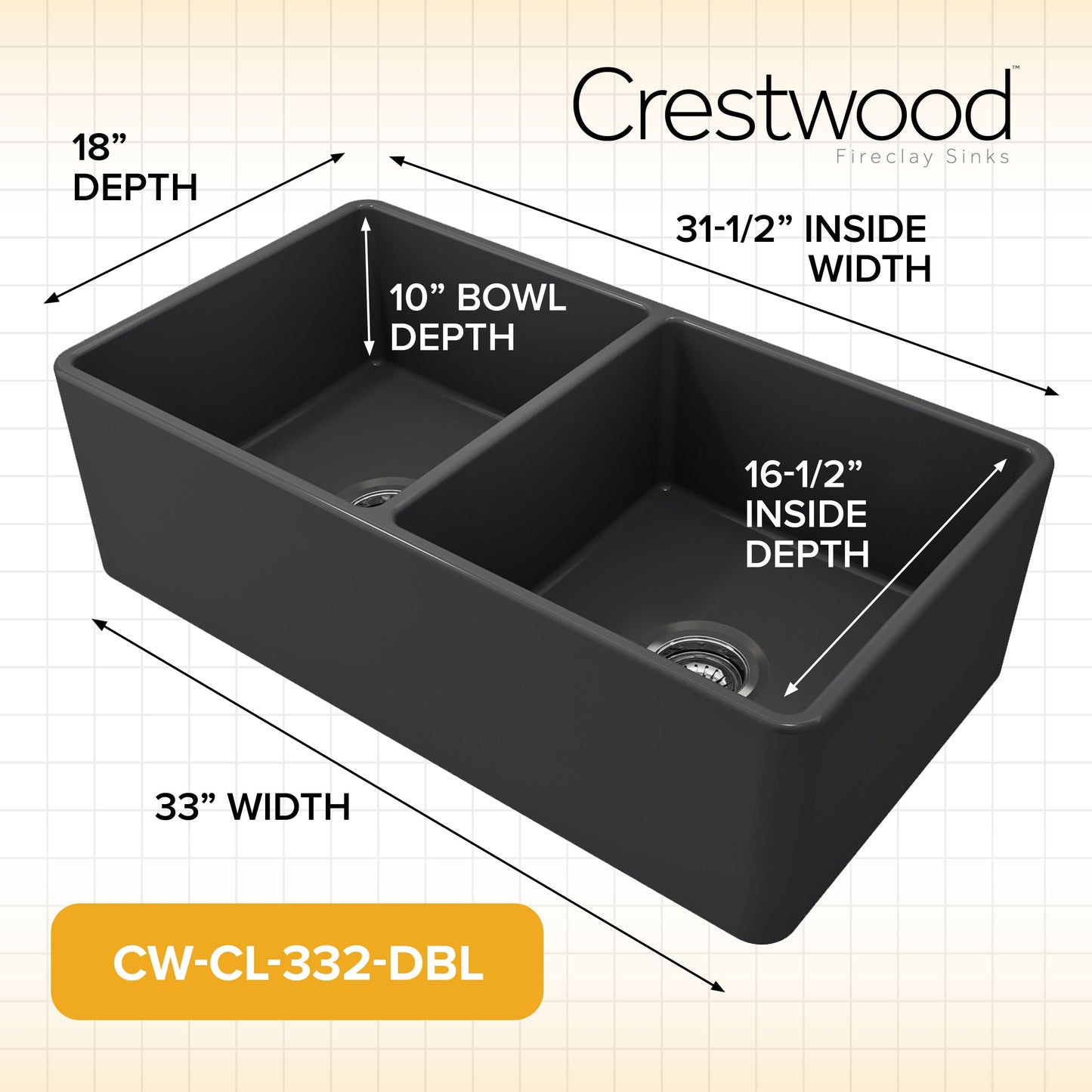 Crestwood 33" Classic Double Bowl Fireclay Sink