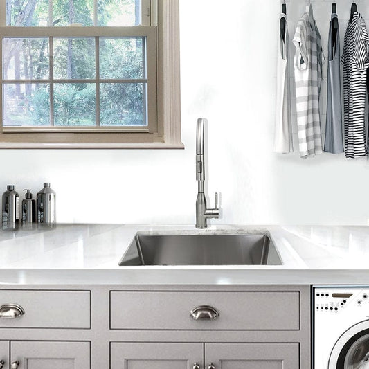 Nantucket 23" Undermount Stainless Steel Kitchen/Utility Sink SR2318-12-16 in a modern laundry room setting.